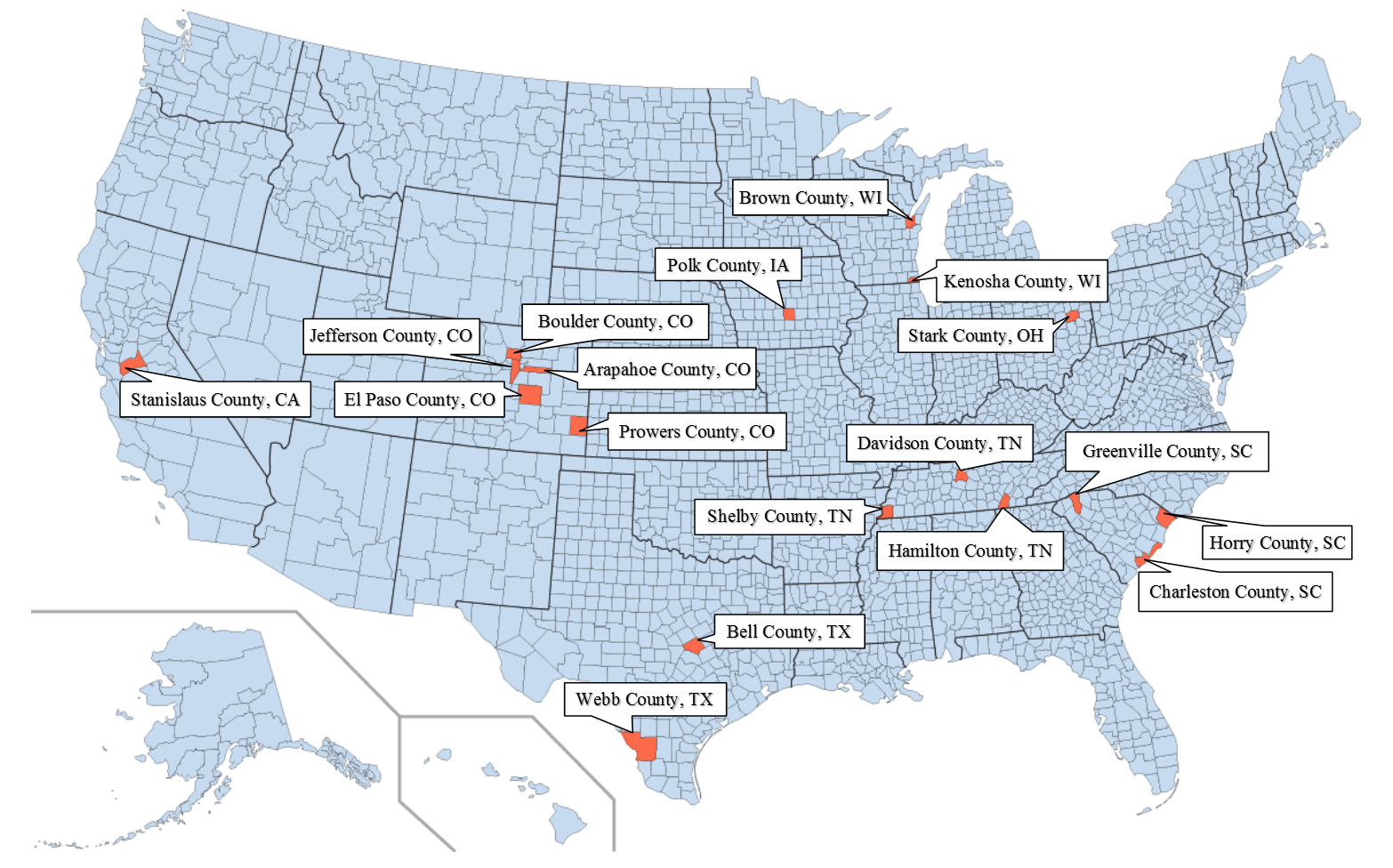 A map of the United States with highlighted locations of CSPED implementation sites: Stanislaus County, California; Arapahoe, Boulder, El Paso, Jefferson, and Prowers counties, Colorado; Polk County, Iowa; Stark County, Ohio; Charleston, Greenville, and Horry counties, South Carolina; Davidson, Hamilton, and Shelby counties, Tennessee; Bell and Webb counties, Texas; and Brown and Kenosha counties, Wisconsin.