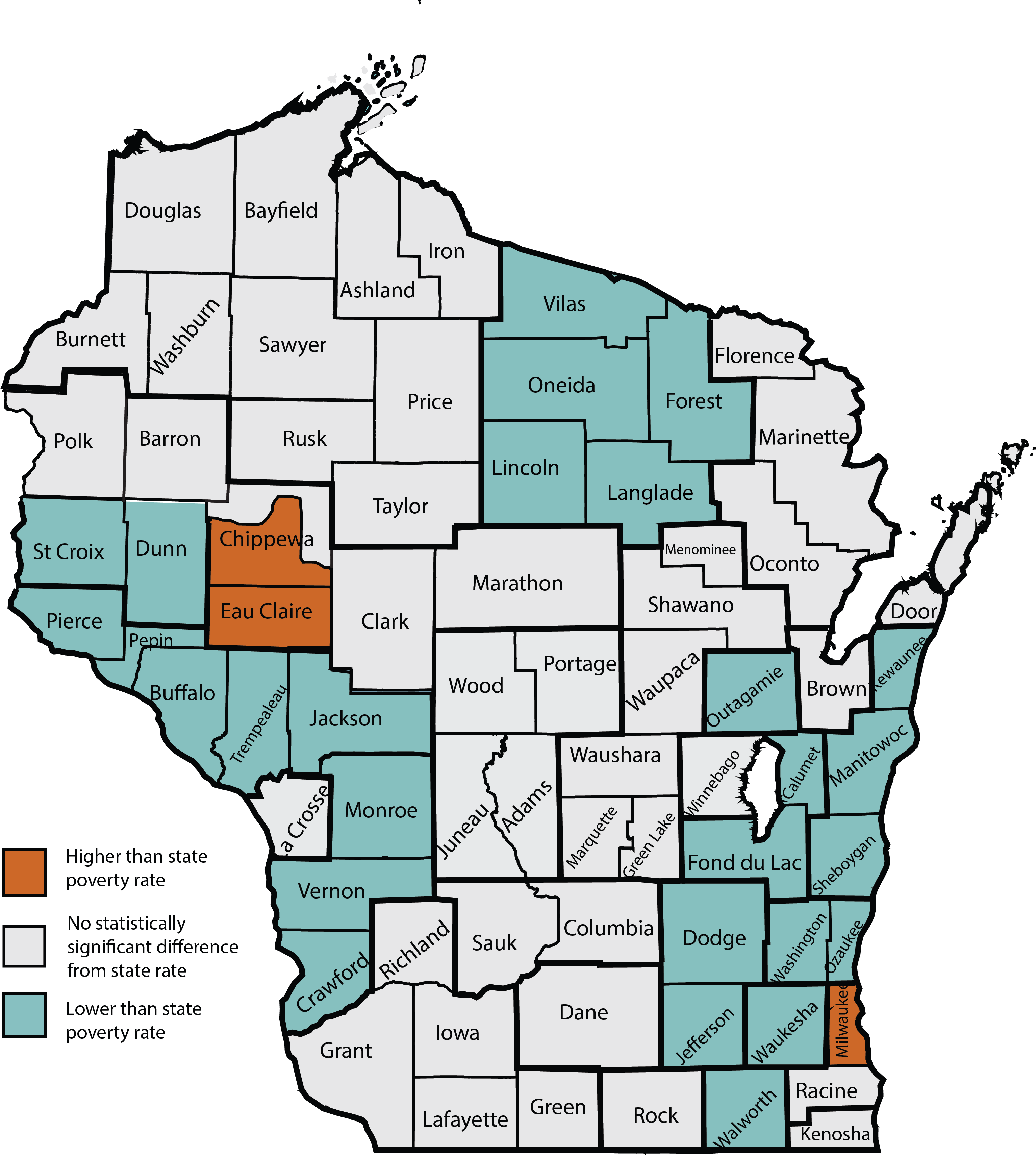 WPM county-/multicounty-level poverty rates vary a lot in relation to the overall state rate of 10.2 percent: 2017. Source: Institute for Research on Poverty tabulations using 2017 American Community Survey public use data.