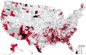 Figure 3. U.S. county map indicating that nearly all counties in the South and Southwest and many counties in the West and Appalachian region had child poverty rates of 20% or higher in 2015.