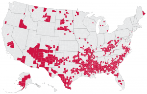 U.S. map indicating the South and Northeast regions have the highest proportion of children in persistently poor counties and account for the vast majority of children (81 percent) living in those counties.