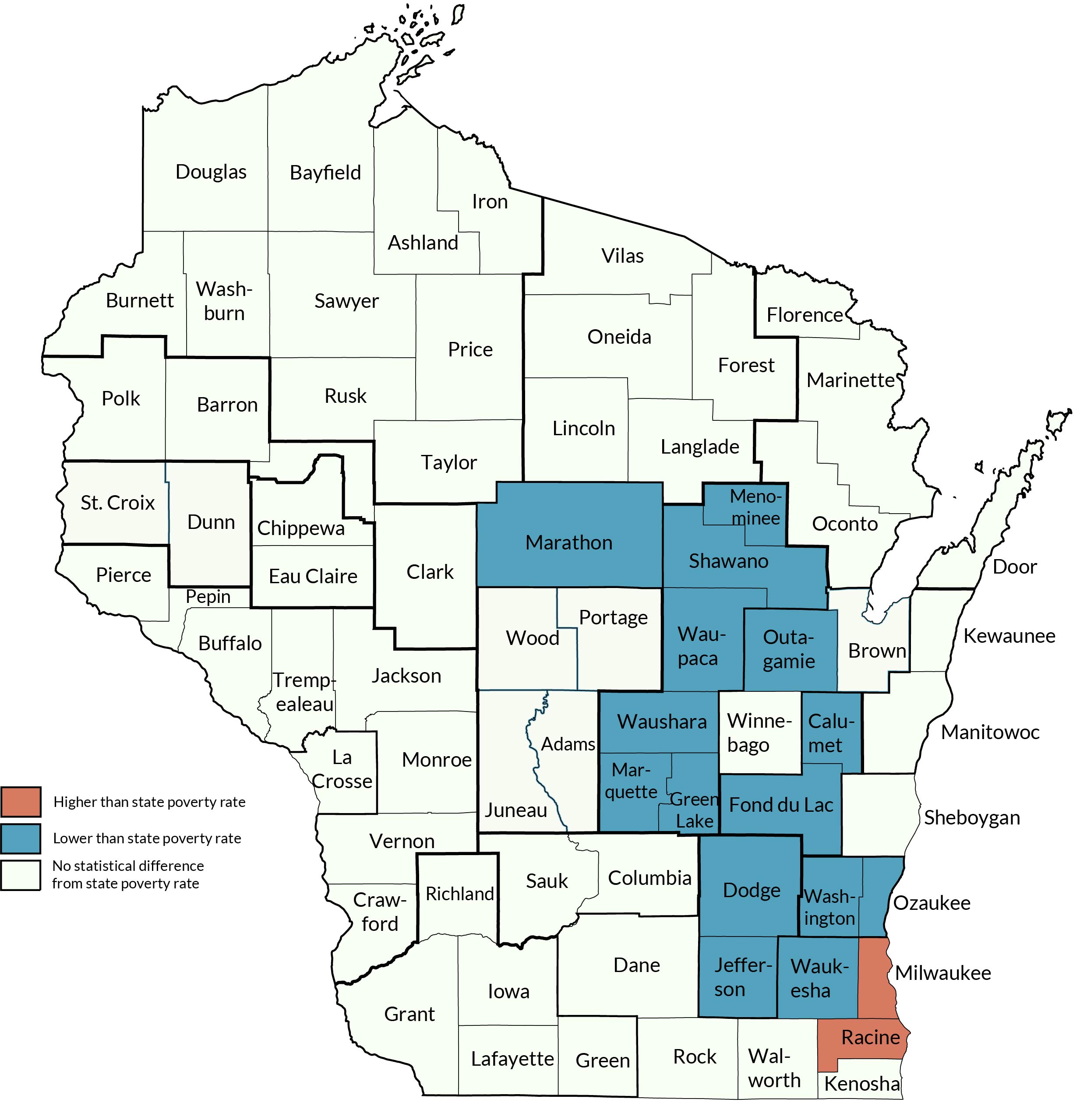 The poverty rates in Milwaukee and Racine Counties were higher than the rest of Wisconsin, while a handful of sub-state areas in the east-central region had lower rates.