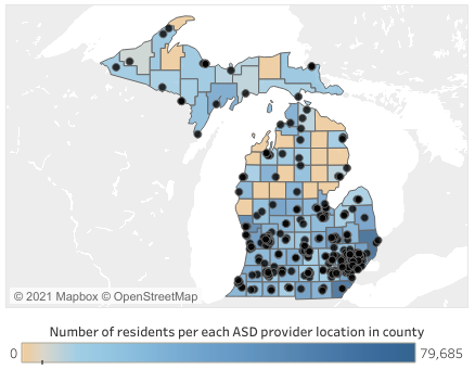 County map of Michigan showing number of residents per each ASD provider location.