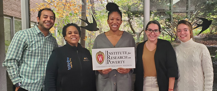 2023-2025 IRP Emerging Poverty Scholars, left to right: José Loya, Monica Adams, Courtnee Melton-Fant, Andrea Gómez Cervantes, and Mariana Amorim